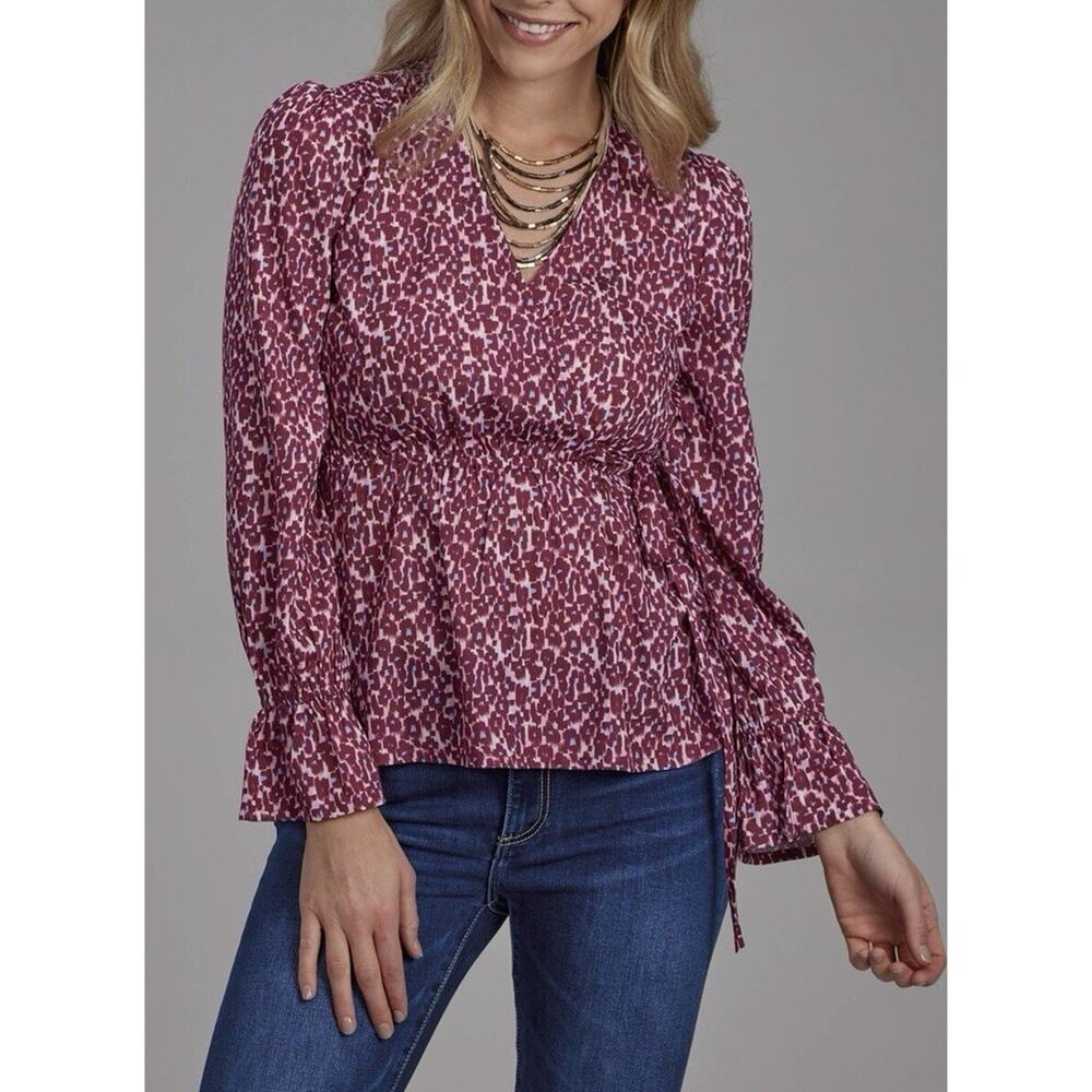 Roper Womens 2134 Leopard Red Multi 100% Polyester V-Neck Large Blouse